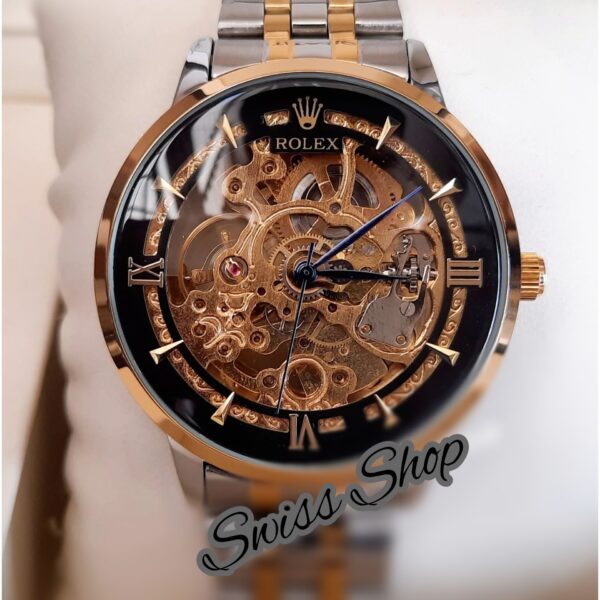 Automatic Watch Black Dial Silver Golden Chain