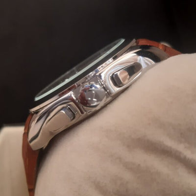 Silver Chrnograph Working With Brown Leather Strap